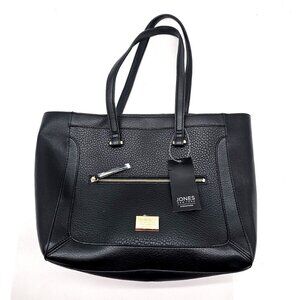 Jones New York Womens Black Leather Inner Pockets Double Handles Tote Handbag